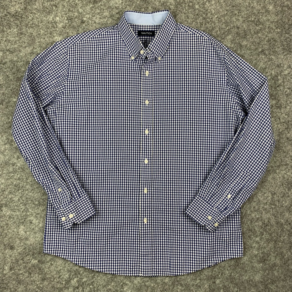 Nautica Blue & White Check Plaid Long Sleeve Button Up Dress Shirt 16.5 34/35